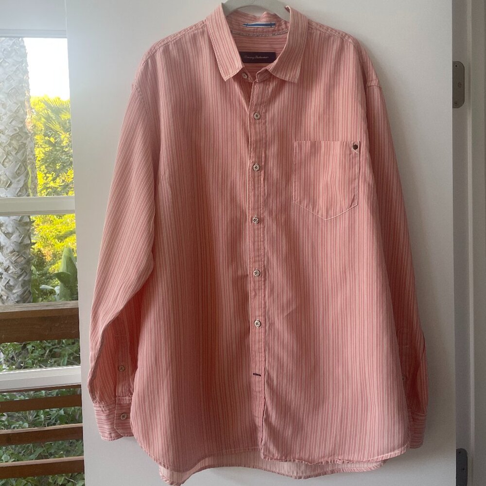Tommy Bahama Long-sleeve Button-down‎ shirt in Salmon Pink, Vertical Stripes, XL
